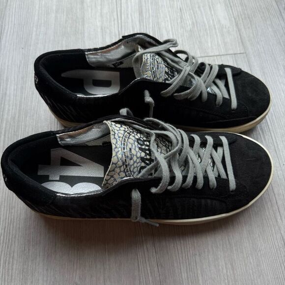 P448 Sneakers Black Seude Leather Zebra Metallic Stripe Low Tops Size 39 - Picture 3 of 9